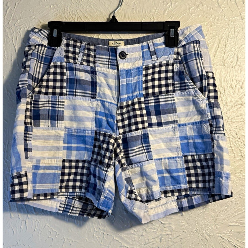 L.L.Bean Women 8 Patchwork Plaid Shorts Blue White Cotton Favorite Coastal Prep